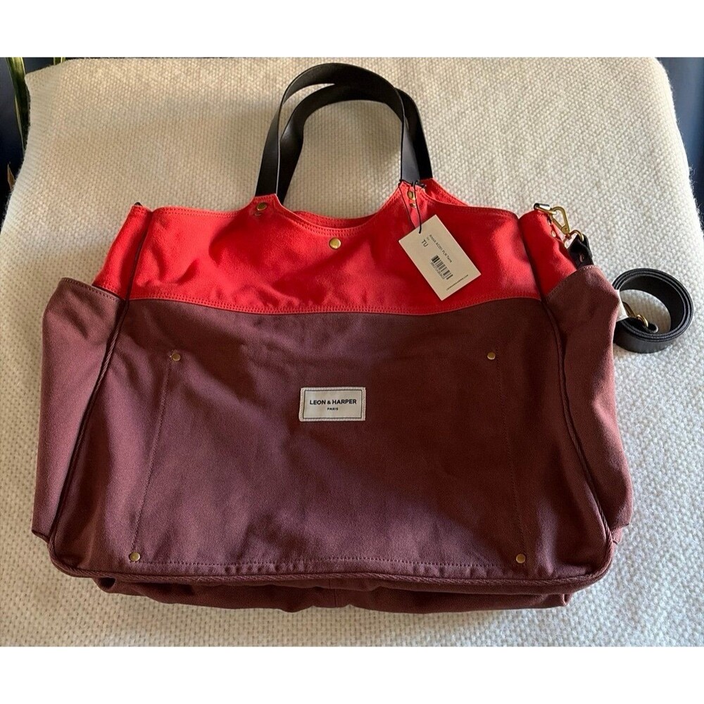 Leon & Harper Paris NWT Two-Tone Canvas Tote Shoulder Bag Red & Mauve